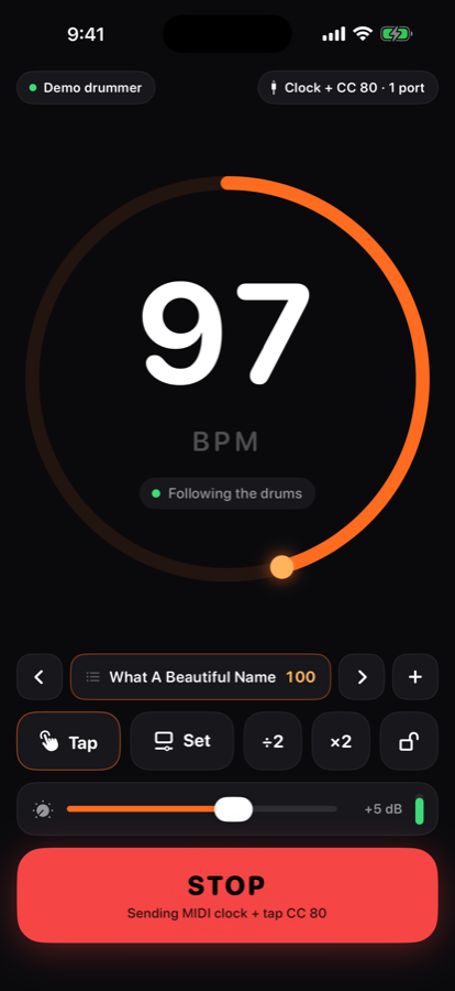 DrumClock on iPhone following the drums at 97 BPM