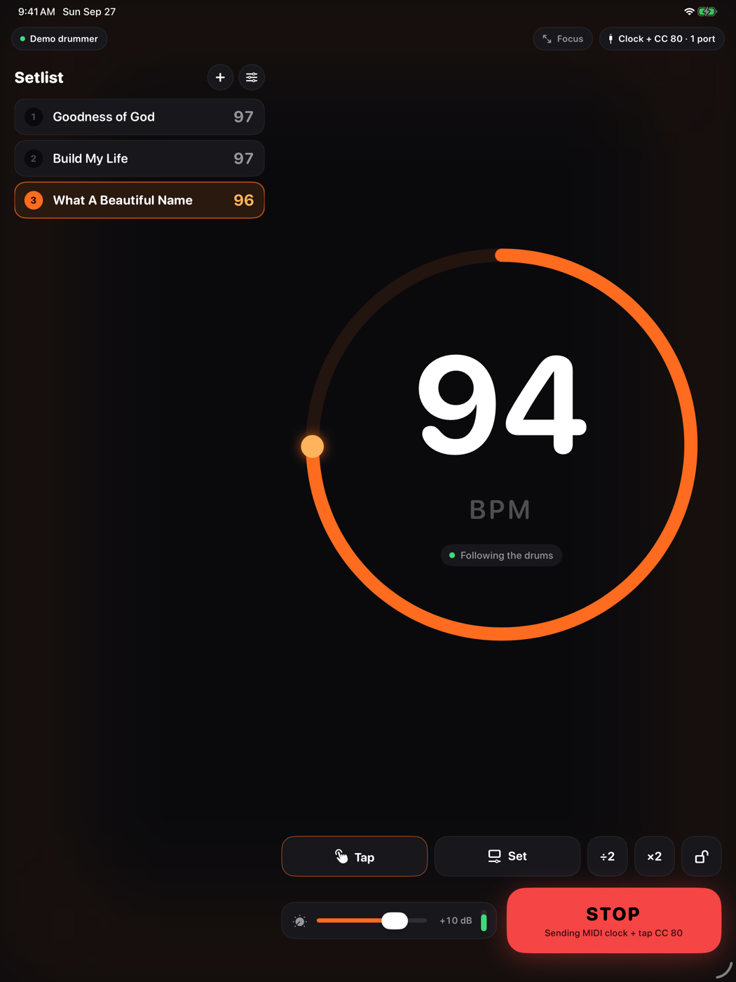 DrumClock stage console on iPad with a setlist