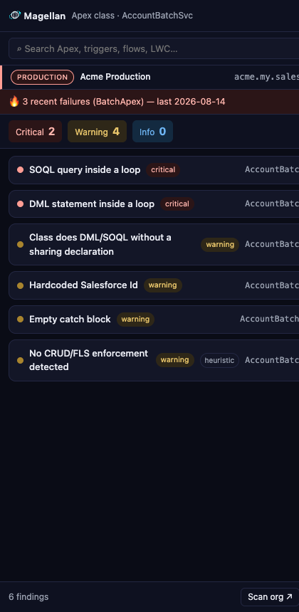 Magellan side panel: AccountBatchSvc analyzed — 2 critical, 4 warning findings ranked, each with a line number, an explanation and a fix